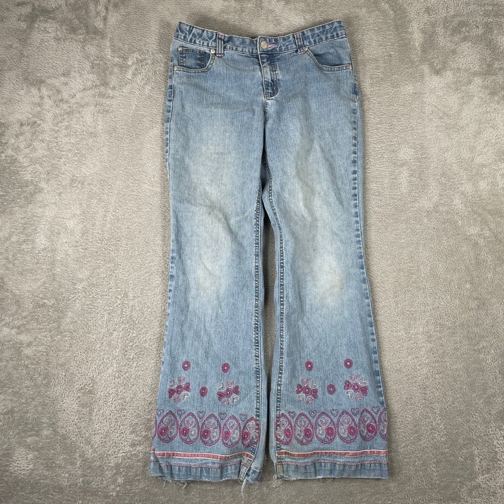 Vintage Circo Embroidered Flare Jeans Womens 16 Pink Floral Boho Y2K Denim